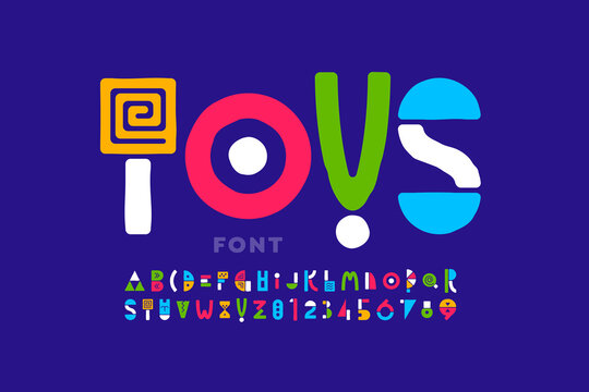 Playful style font, childish alphabet letters and numbers 