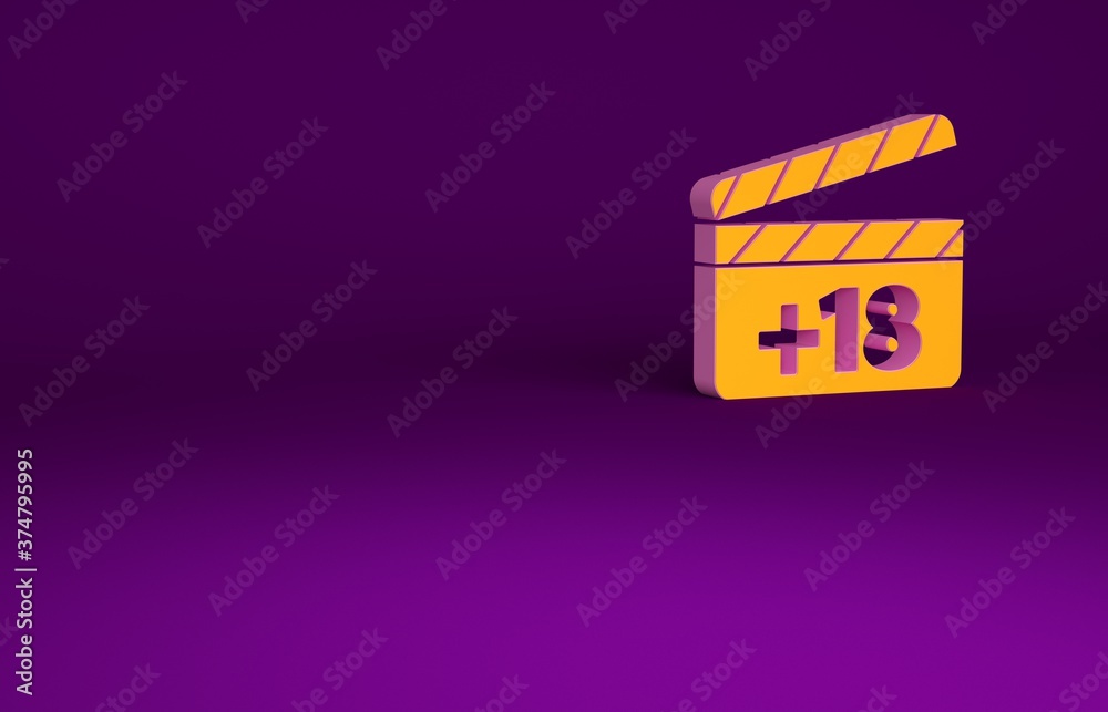 Orange Movie clapper with 18 plus content icon isolated on purple ...