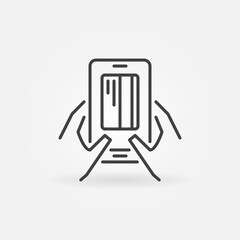 Poster - Smartphone with Credit Card in Hands vector concept icon or symbol in thin line style