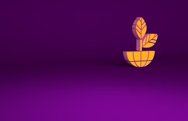 Orange Earth globe and plant icon isolated on purple background. World or Earth sign. Geometric shapes. Environmental concept. Minimalism concept. 3d illustration 3D render.