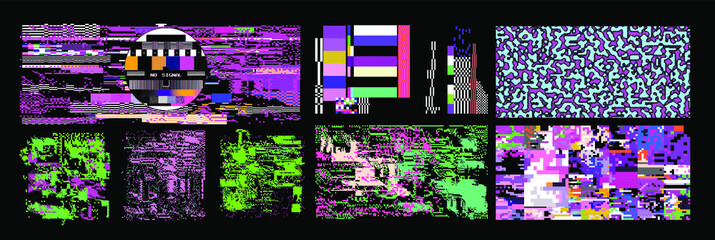 Poster - Bundle of glitch overlays. Computer screen error, digital pixel noise design.
