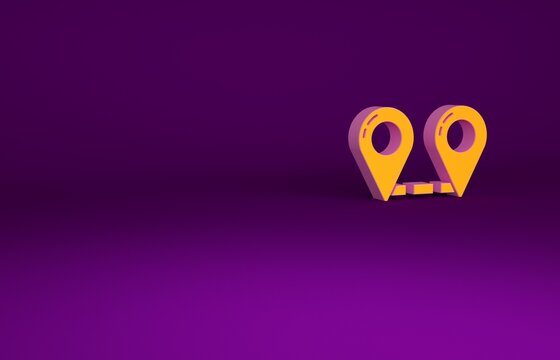 Orange Route location icon isolated on purple background. Map pointer sign. Concept of path or road. GPS navigator. Minimalism concept. 3d illustration 3D render.
