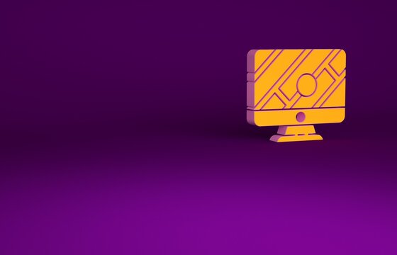 Orange Computer monitor and folded map with location marker icon isolated on purple background. Minimalism concept. 3d illustration 3D render.