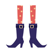 Halloween Card Element A Witch Legs In Boots Flat Vector Illustration Isolated.