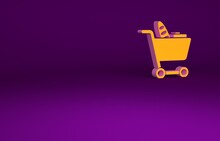 Orange Shopping Cart And Food Icon Isolated On Purple Background. Food Store, Supermarket. Minimalism Concept. 3d Illustration 3D Render.