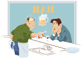 Bartender pours drink for a sad customer. Web page design picture concept.