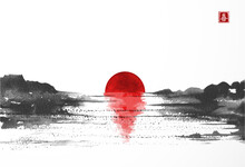 Landscape With Lake View With Big Red Sun In Asian Style Hand Drawn With Sumi Ink. Traditional Oriental Ink Painting Sumi-e, U-sin, Go-hua. Translation Of Hieroglyph - Zen