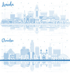 Wall Mural - Outline Omaha and Lincoln Nebraska City Skylines with Blue Buildings and Reflections.
