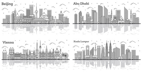 Fototapete - Outline Kuala Lumpur Malaysia, Abu Dhabi UAE, Beijing China and Vienna Austria City Skylines with Modern Buildings and Reflections Isolated on White.
