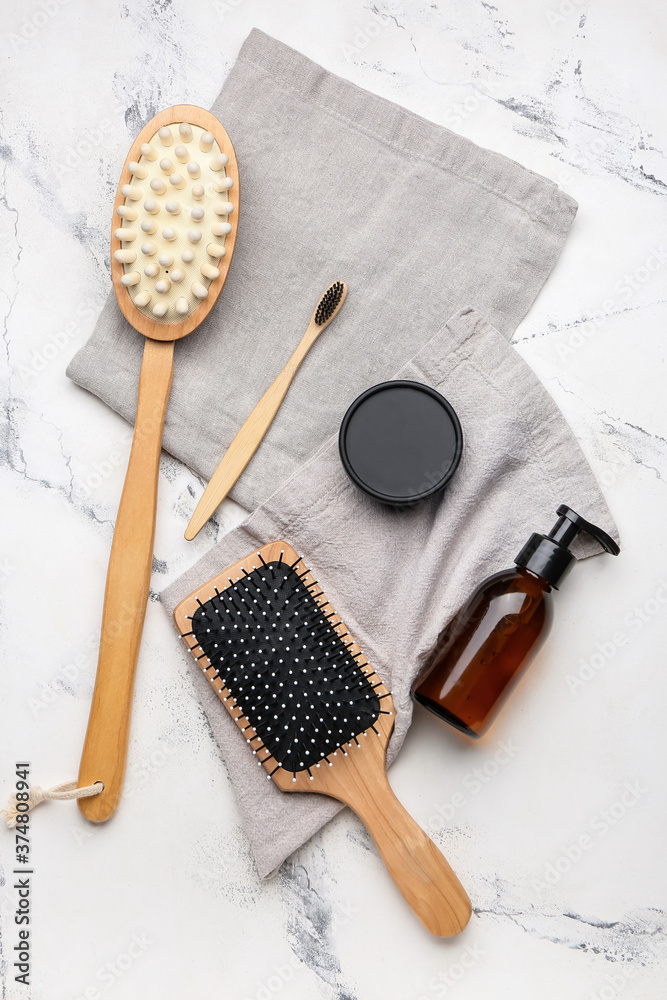Natural bathing supplies on white background. Ecology concept