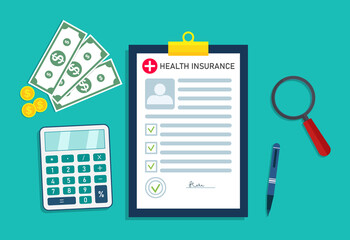 Health insurance. Medical form with money for healthcare. Icon for bill in hospital. Check and analysis of patient health before insure. Document, calculator for doctor. Cost of insurance. Vector