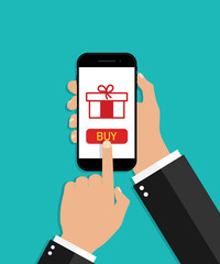 Poster - Hand hold smartphone with online gift. Christmas shopping in phone. Surprise icon in mobile digital screen. App with button in internet. Gift box for marketing in holiday. Banner for discount. Vector