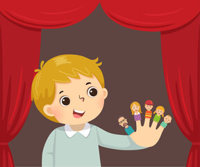 Vector illustration cartoon of boy playing family finger puppets theatre