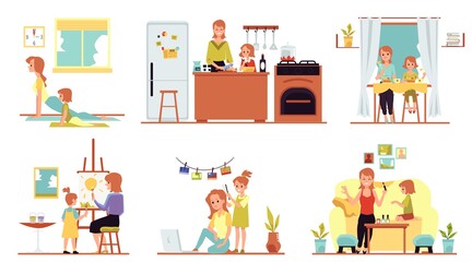 Wall Mural - Family relations of mother and daughter flat vector illustrations set isolated.