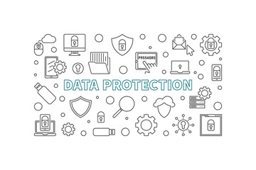 Poster - Data Protection concept minimal horizontal illustration in outline style. Vector banner