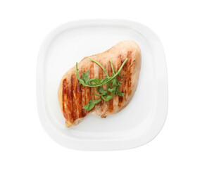 Tasty grilled chicken fillet with arugula isolated on white, top view