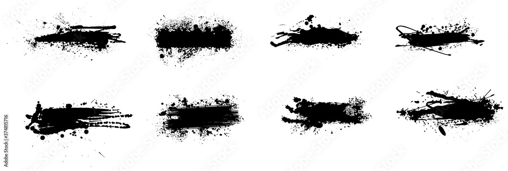 Ink splashes stencil. High quality manually traced. Isolated Silhouettes dirty liquid vector grunge. Vector grunge silhouette set color dirty liquid. Black inked spray splash with drops blots isolated - obrazy, fototapety, plakaty 