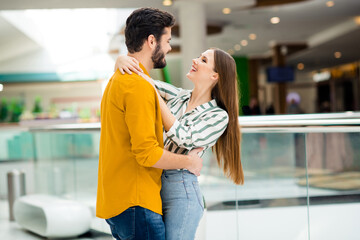 Canvas Print - Profile side view portrait of his he her she nice attractive lovely charming glad cheerful cheery couple dating spending day enjoying visiting city building indoors