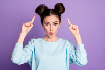 Sticker - Close-up portrait of her she nice-looking attractive pretty funky cheery girl pointing at new hairdo pout lips isolated over violet purple lilac bright vivid shine vibrant color background