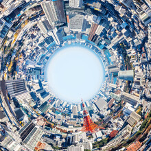 Panoramic Modern City Skyline Aerial View Under Blue Sky In Tokyo, Japan