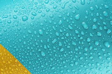  Turquoise aluminum can with water drops macro shot.