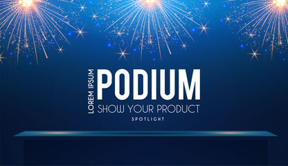 Wall Mural - podium. stairs and shelf with spotlight and fireworks. win design. show your offer.