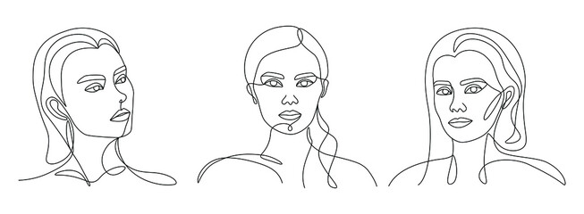 Wall Mural - Modern abstract faces. Set of three сontemporary outline female silhouette. Continuous line, minimalist concept poster. Trendy hand drawn outline vector illustration