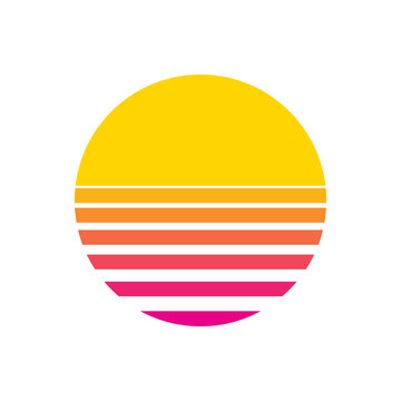Sun retro sunset or sunrise element 1980s style. Retrowave sun flat design banner isolated illustration