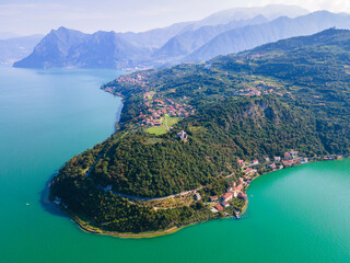 iseo lake aerial view, montisola in lombardy district, brescia province, italy