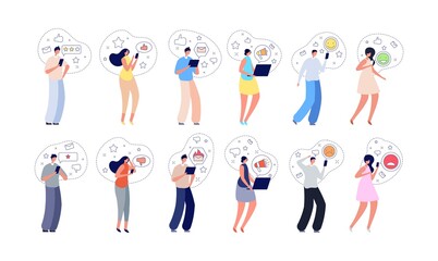 Sticker - Customer feedback. People survey, opinion services or online tips. Isolated woman man give rating, testimonial or review vector illustration. Feedback survey opinion, quality service