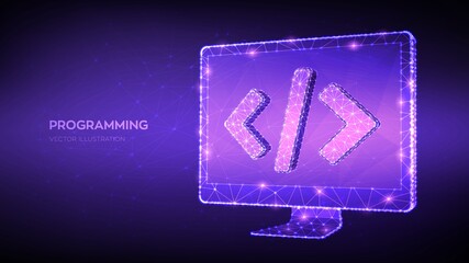 Poster - Programming concept. Abstract low polygonal computer monitor with programming code symbol. Coding or Hacker background. Development and software concept. Vector Illustration.