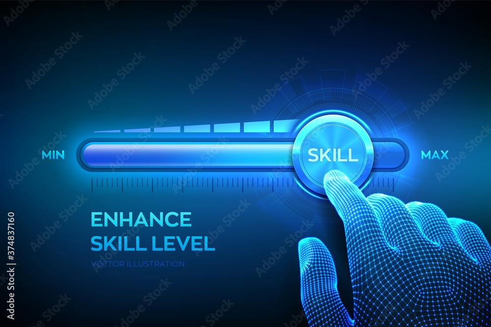 Skill levels growth. Increasing Skills Level. Wireframe hand is pulling ...