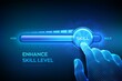© iuriimotov - Skill levels growth. Increasing Skills Level. Wireframe hand is pulling up to the maximum position progress bar with the word Skill. Concept of professional or educational knowledge. Vector. EPS10.