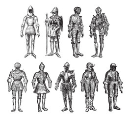 Medieval knight armor collection - vintage engraved vector illustration from Larousse du xxe siècle