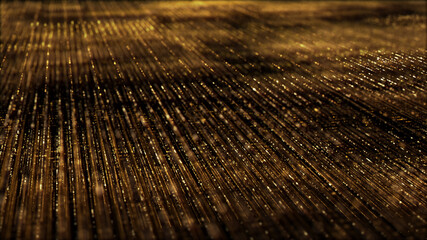Aufkleber - Futuristic digitally generated golden abstract de-focus particles grid motion in cyber space environment background