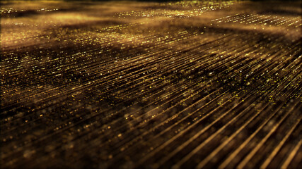 Poster - Futuristic digitally generated golden abstract de-focus particles grid motion in cyber space environment background