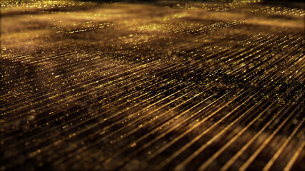 Poster - Futuristic digitally generated golden abstract de-focus particles grid motion in cyber space environment background