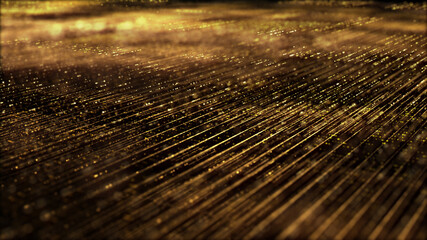 Poster - Futuristic digitally generated golden abstract de-focus particles grid motion in cyber space environment background