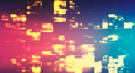 Fototapete - abstract composition of chaotic square cells illuminated by rays, red-blue- yellow, blurred image, 3d rendering, digital technology