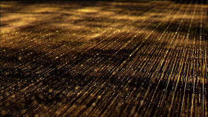 Aufkleber - Futuristic digitally generated golden abstract de-focus particles grid motion in cyber space environment background