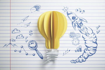 Wall Mural - Yellow lamp made from paper and drawing rocket