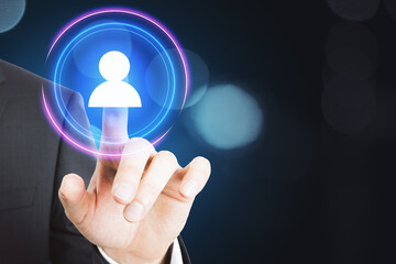 Poster - Businessman hand pushing people network hologram.