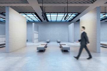 Poster - Businessman in suit walking in exhibition room