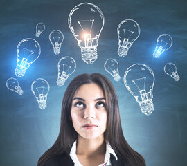 Poster - Attractive european businessman with creative lamps sketch