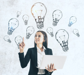 Poster - Businesswoman with laptop raised her finger