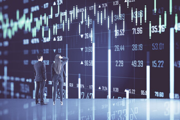 Aufkleber - Businesspeople looking creative stock chart and financial analytics hologram