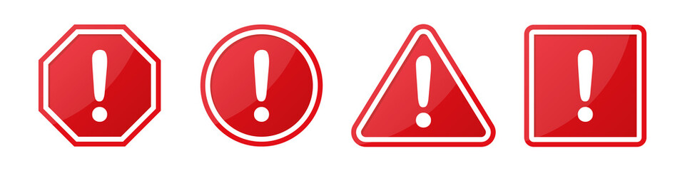 Poster - Set of hazard attention sign with exclamation mark in different shapes in red