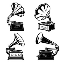 Gramophones. Vintage Music Players With Vinyl Records Retro Phonograph Box Song Equipment Vector Monochrome Collection. Music Gramophone Sound, Retro Phonograph Illustration