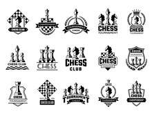 Chess Labels. Sport Stylized Silhouettes Of Chess Figures Knight Rook Pawn Vector Illustration Of Badges. Emblem Chess Competition, Queen And King