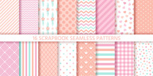 Scrapbook Seamless Pattern. Baby Girl Background. Vector. Set Baby Shower Textures With Stripe, Zigzag, Polka Dot, Heart, Plaid. Cute Print. Pastel Pink Illustration. Packing Paper. Geometric Backdrop